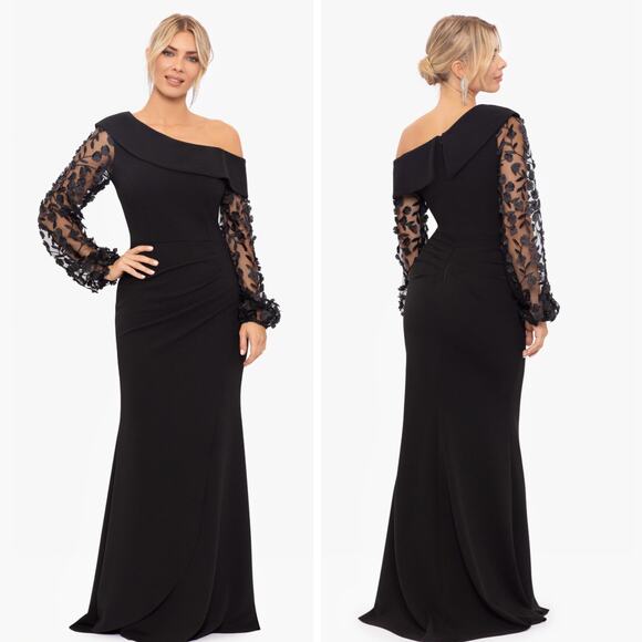 XSCAPE NWT Ariana Black Off the Shoulder Long Sleeve Scuba Crepe Dress Size 6 - Picture 1 of 11